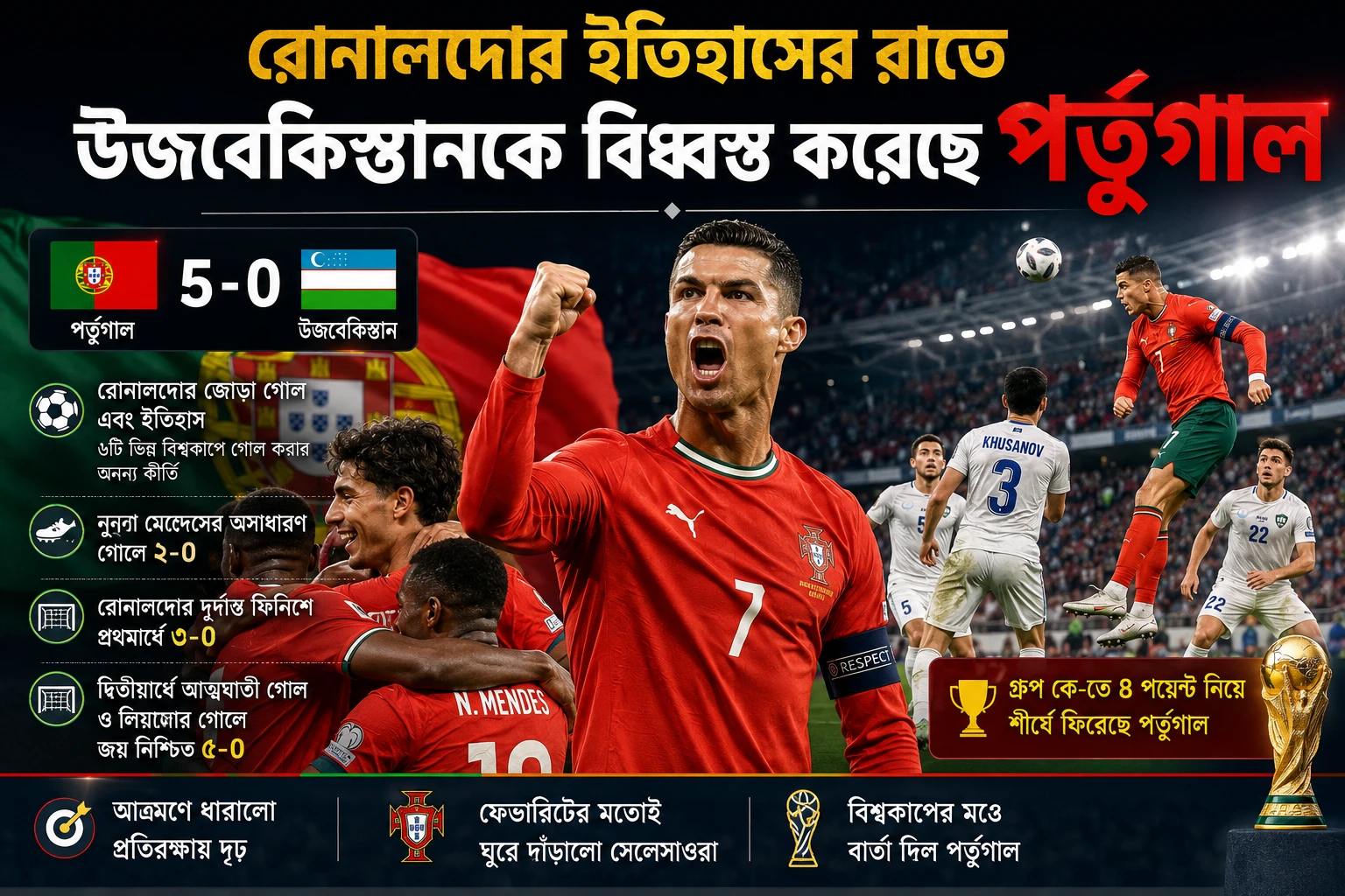 রোনালদোর ইতিহাস গড়া রাতে উজবেকিস্তানকে ৫–০ গোলে বিধ্বস্ত করল পর্তুগাল