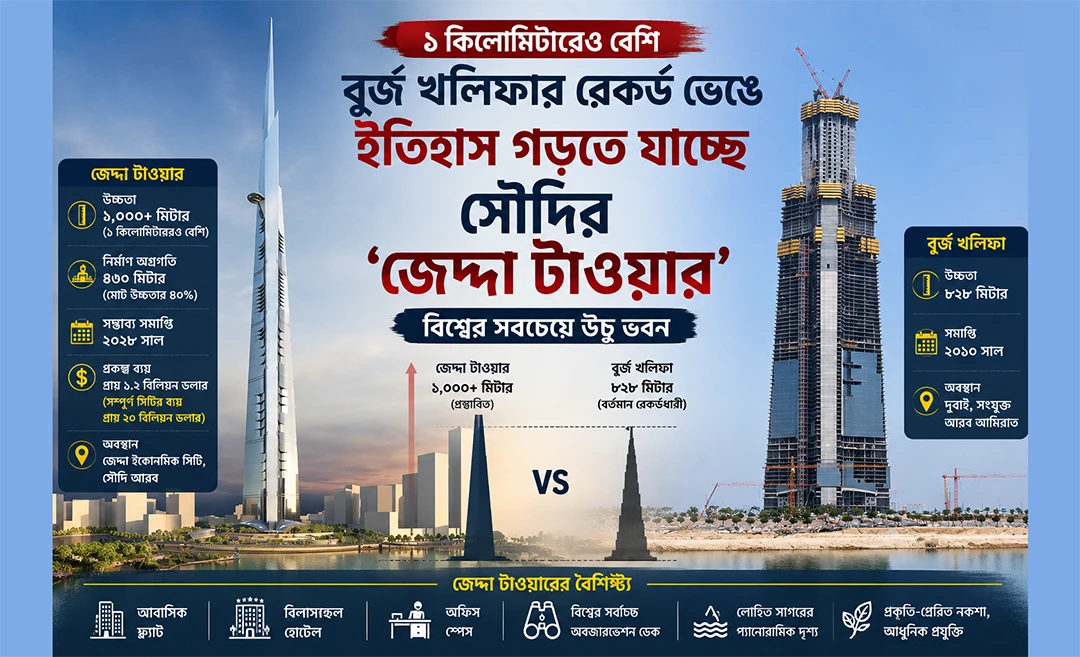 ১ কিলোমিটারেরও বেশি উচ্চতা, বুর্জ খলিফার রেকর্ড ভেঙে ইতিহাস গড়তে যাচ্ছে সৌদির ‘জেদ্দা টাওয়ার’