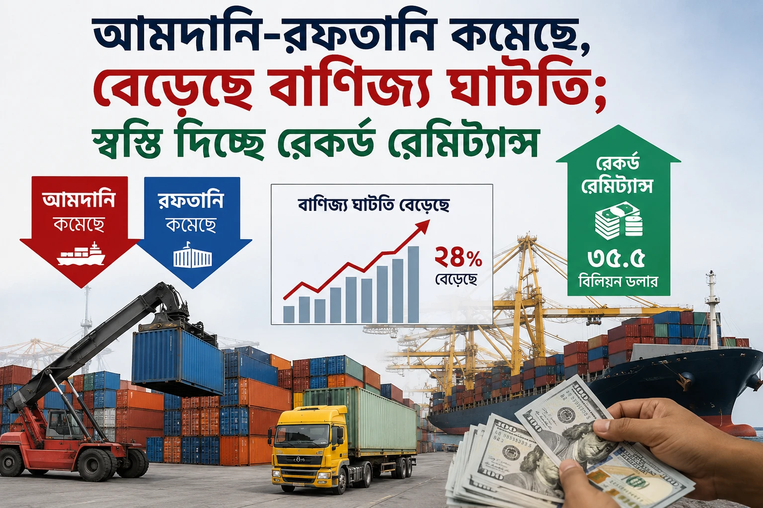 আমদানি-রফতানি কমেছে, বেড়েছে বাণিজ্য ঘাটতি; স্বস্তি দিচ্ছে রেকর্ড রেমিট্যান্স
