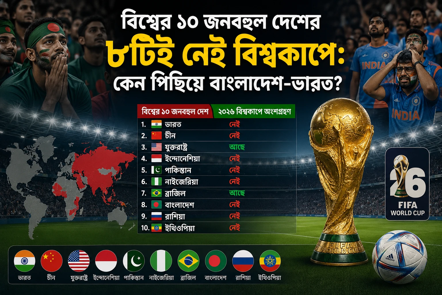 বিশ্বের ১০ জনবহুল দেশের ৮টিই নেই বিশ্বকাপে: কেন পিছিয়ে বাংলাদেশ-ভারত?