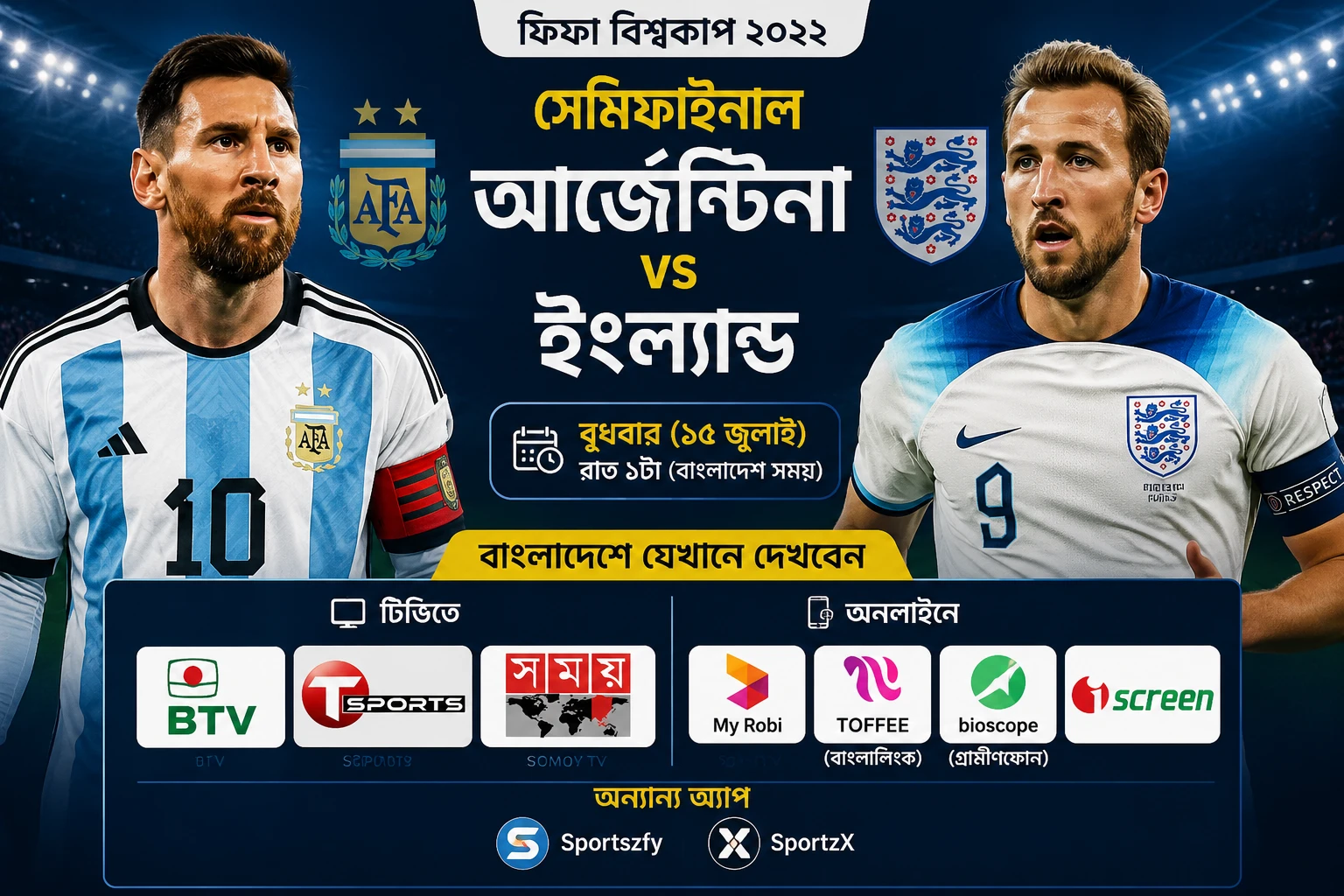 আর্জেন্টিনা-ইংল্যান্ড মহারণ, টিভি ও অনলাইনে যেভাবে দেখবেন